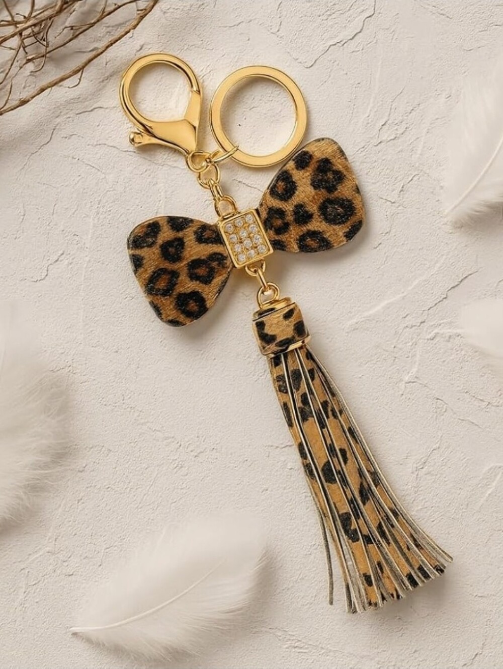 Leopard Print Bow Tassel Keychain - Gold Hardware - Picture 3 of 4
